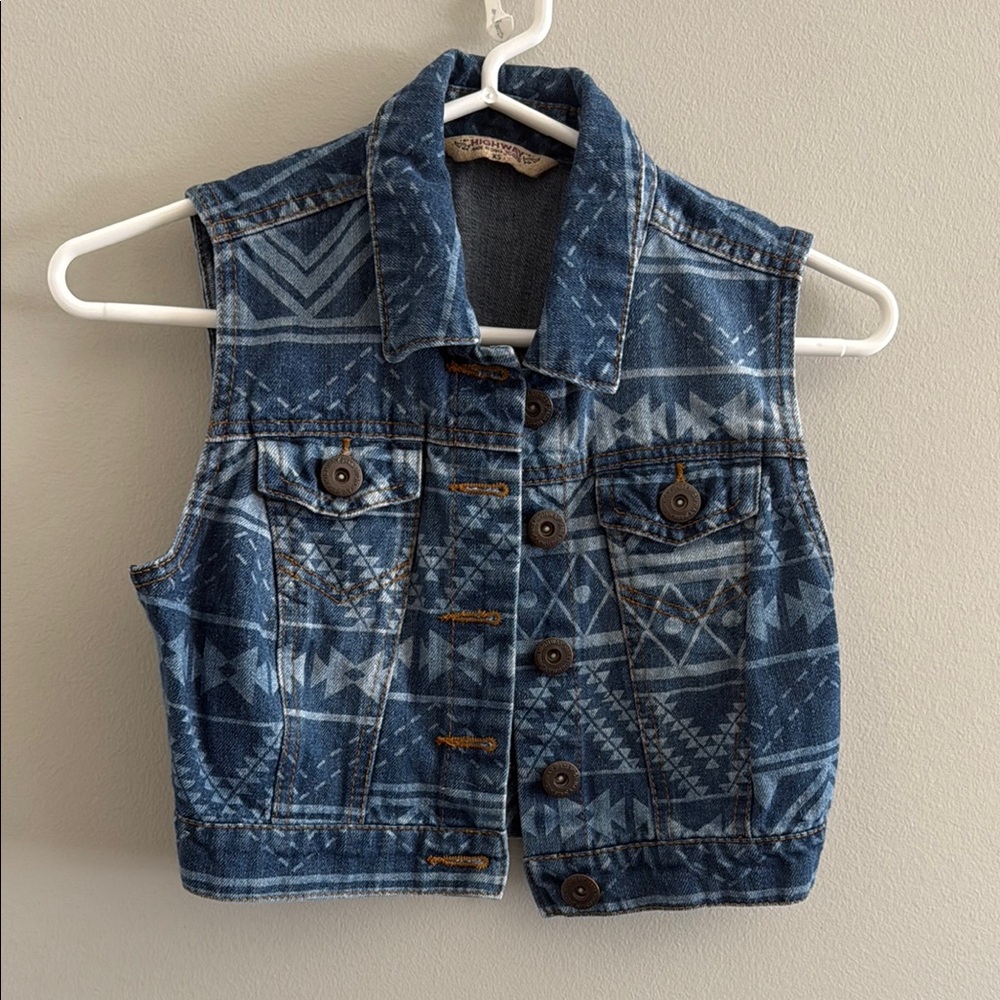 Highway Jeans Blue Denim Vest with Tribal Print